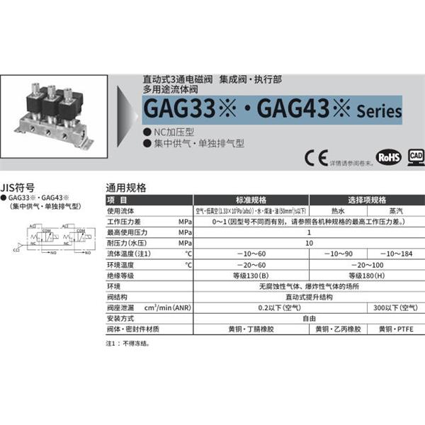 CKD喜開理多種流體直動式2通電磁集成閥GAG432-5-10-DC 100V